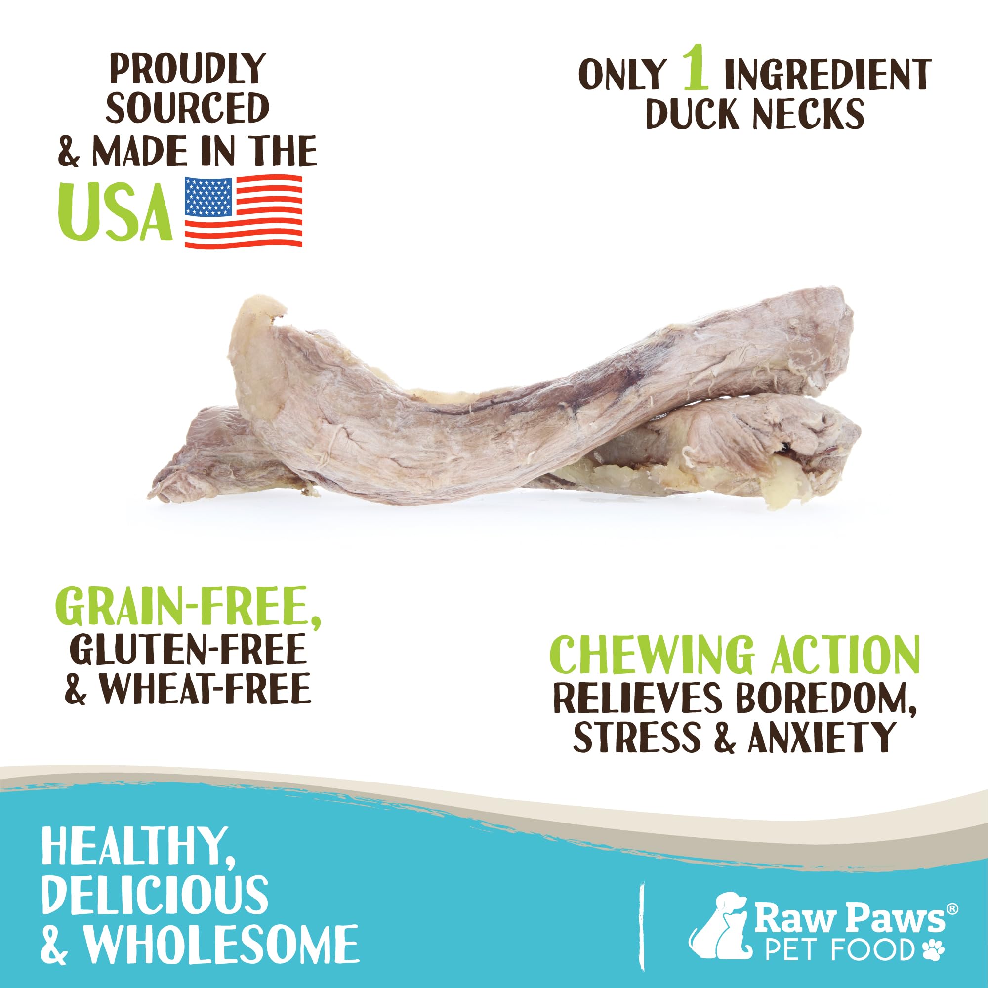 Raw Paws duck necks close-up highlighting natural single ingredient chew