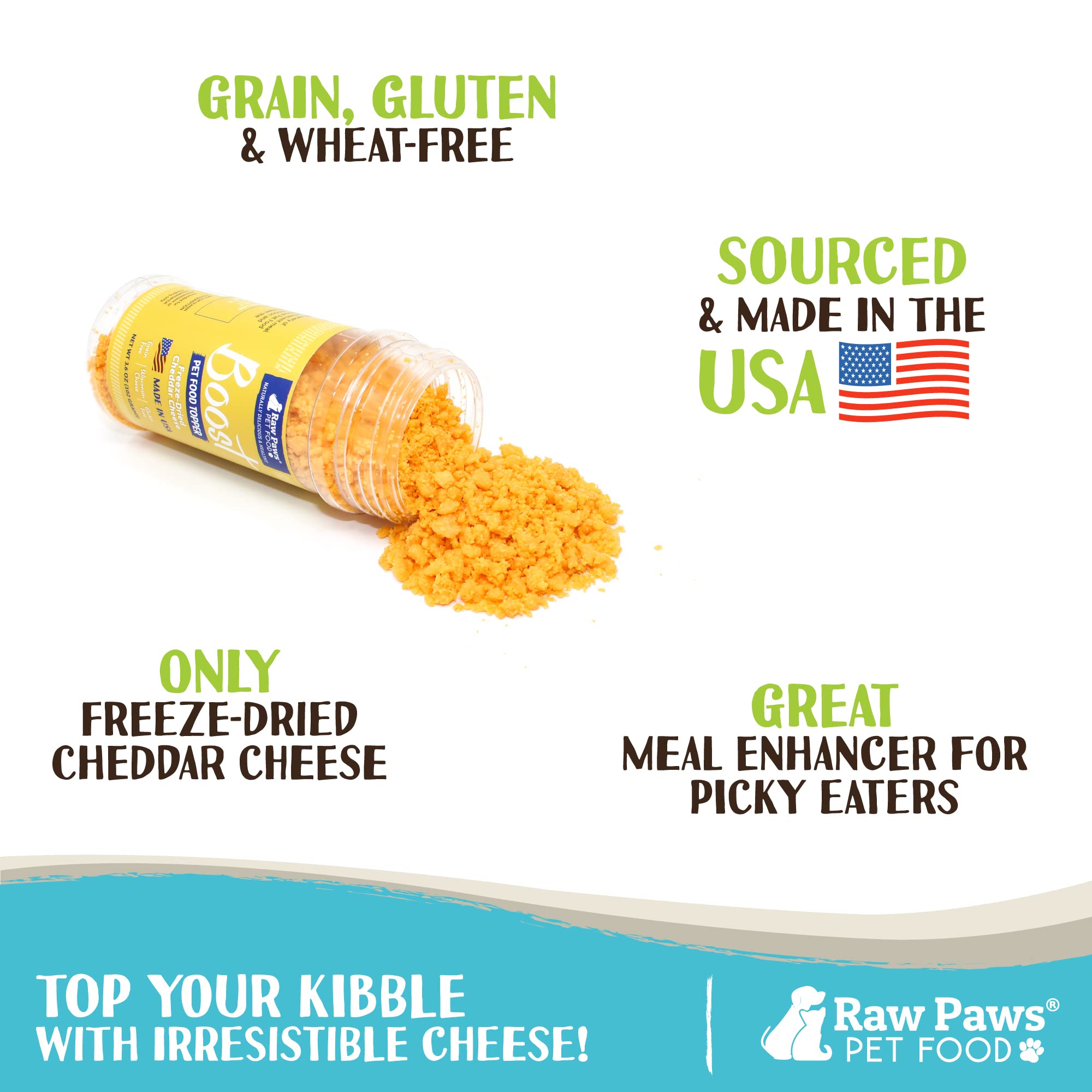 Raw Paws freeze-dried cheese bites in a dog bowl add protein and flavor.