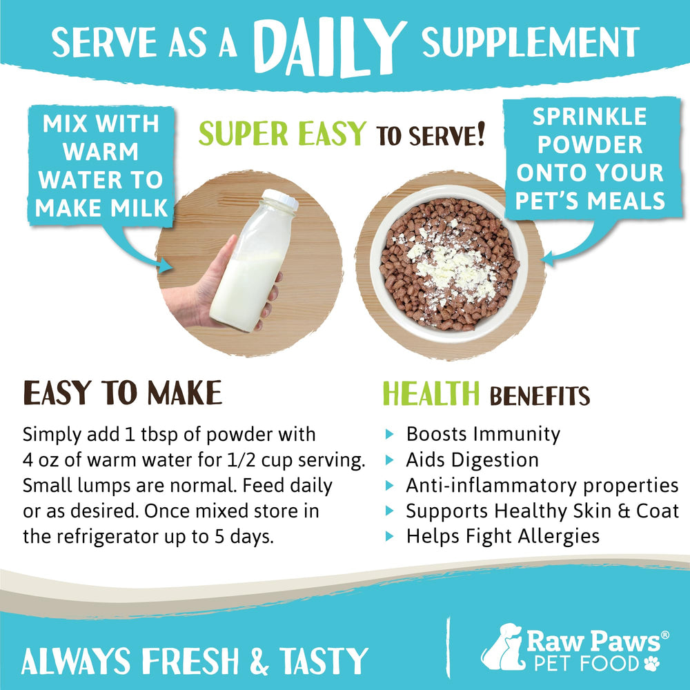 Raw Paws goat milk powder over kibble enhances taste and digestion potential.
