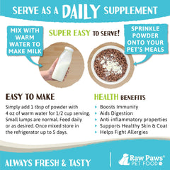 Raw Paws goat milk powder over kibble enhances taste and digestion potential.
