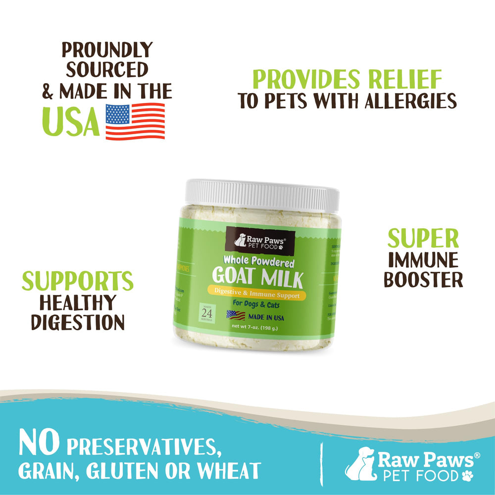 Raw Paws goat milk powder rehydration serves as a quick milk substitute for pets.