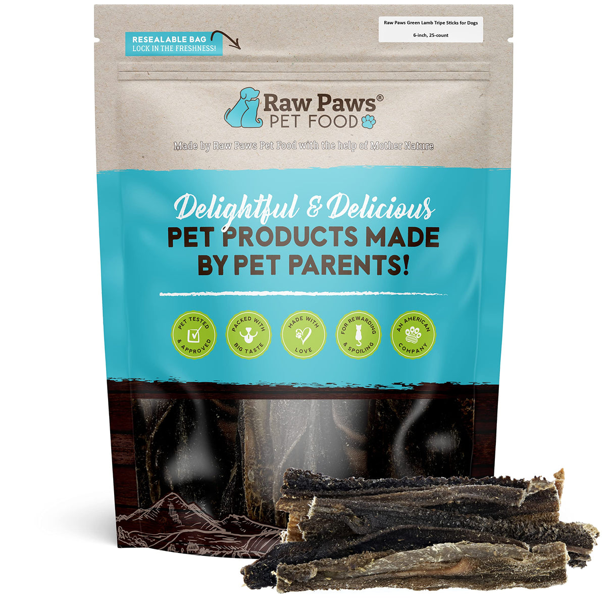 Raw Paws Green Lamb Tripe Sticks packaging shows 25-count box for dental care