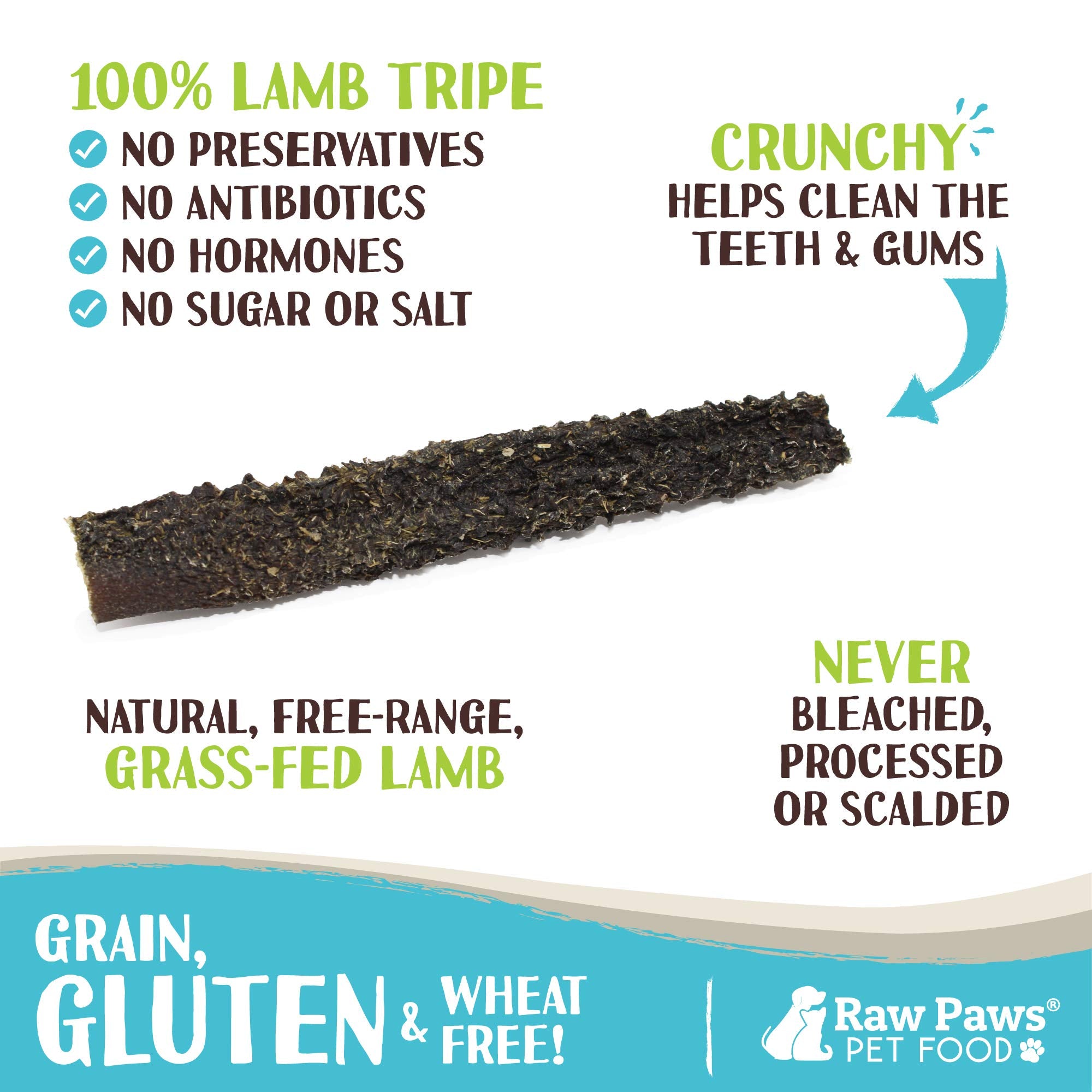Raw Paws Green Lamb Tripe Sticks close-up texture shows crunchy surface for satisfying chews