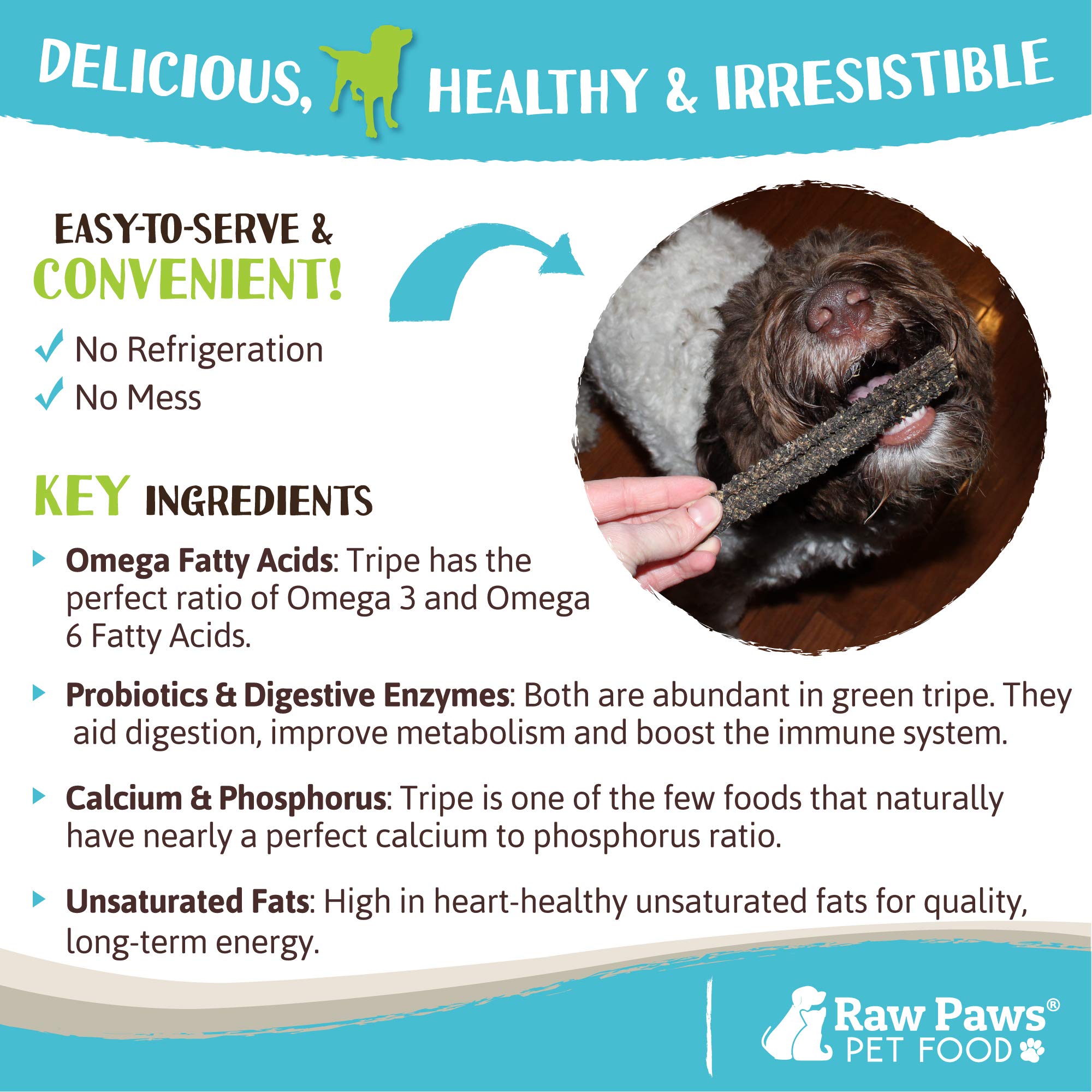Raw Paws Green Lamb Tripe Sticks ingredients label highlights single-ingredient, grass-fed and free-range