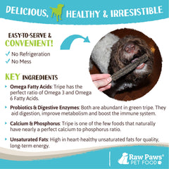 Raw Paws Green Lamb Tripe Sticks ingredients label highlights single-ingredient, grass-fed and free-range
