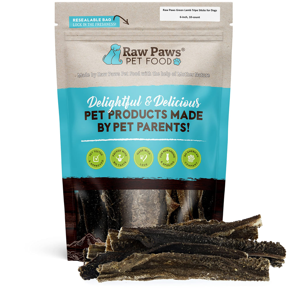 Raw Paws Green Lamb Tripe Sticks pack promotes healthy chewing and dental care.