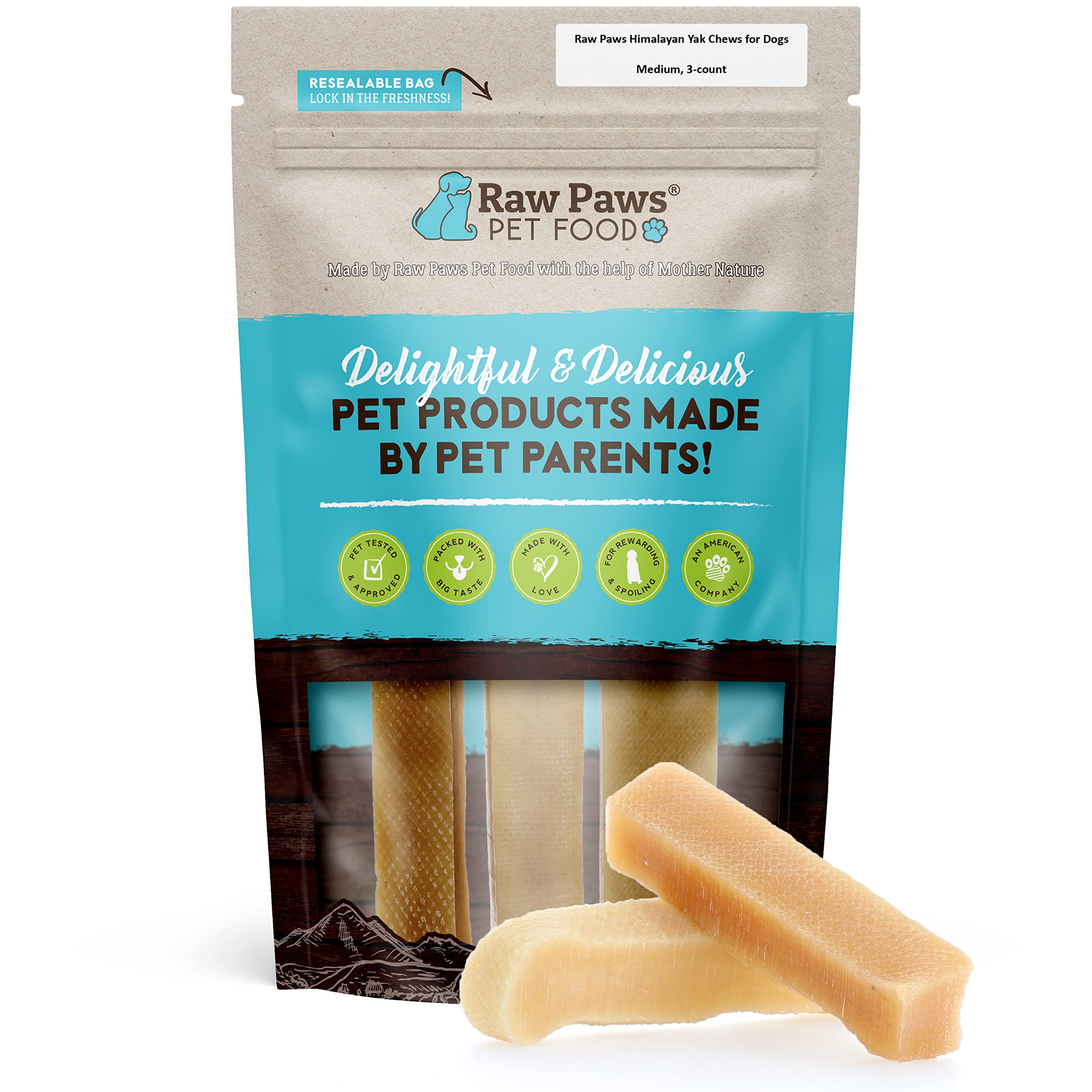 Raw Paws Himalayan Yak Chews packaging shows a 3-count box packed in USA for freshness