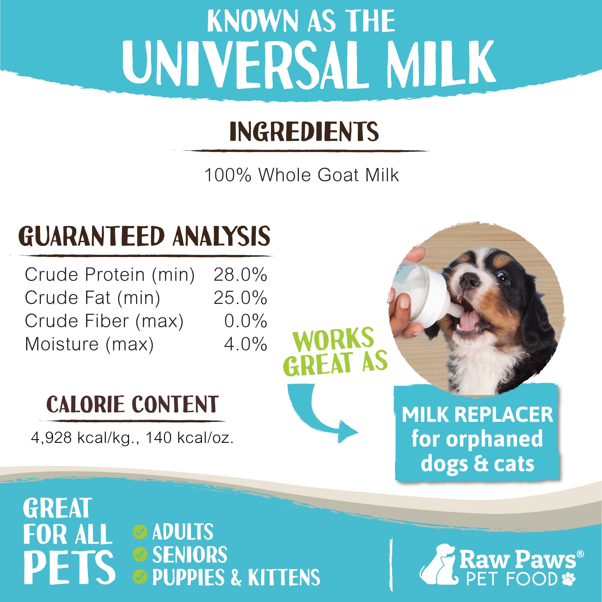 Raw Paws Made-in-USA goat milk powder supports balanced nutrition.