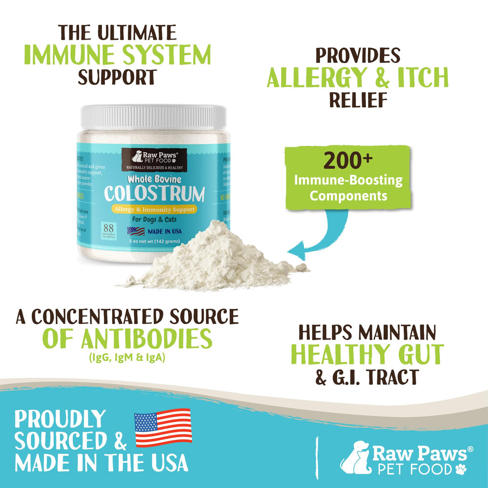 Raw Paws bovine colostrum bottle made in the USA with pure ingredients.