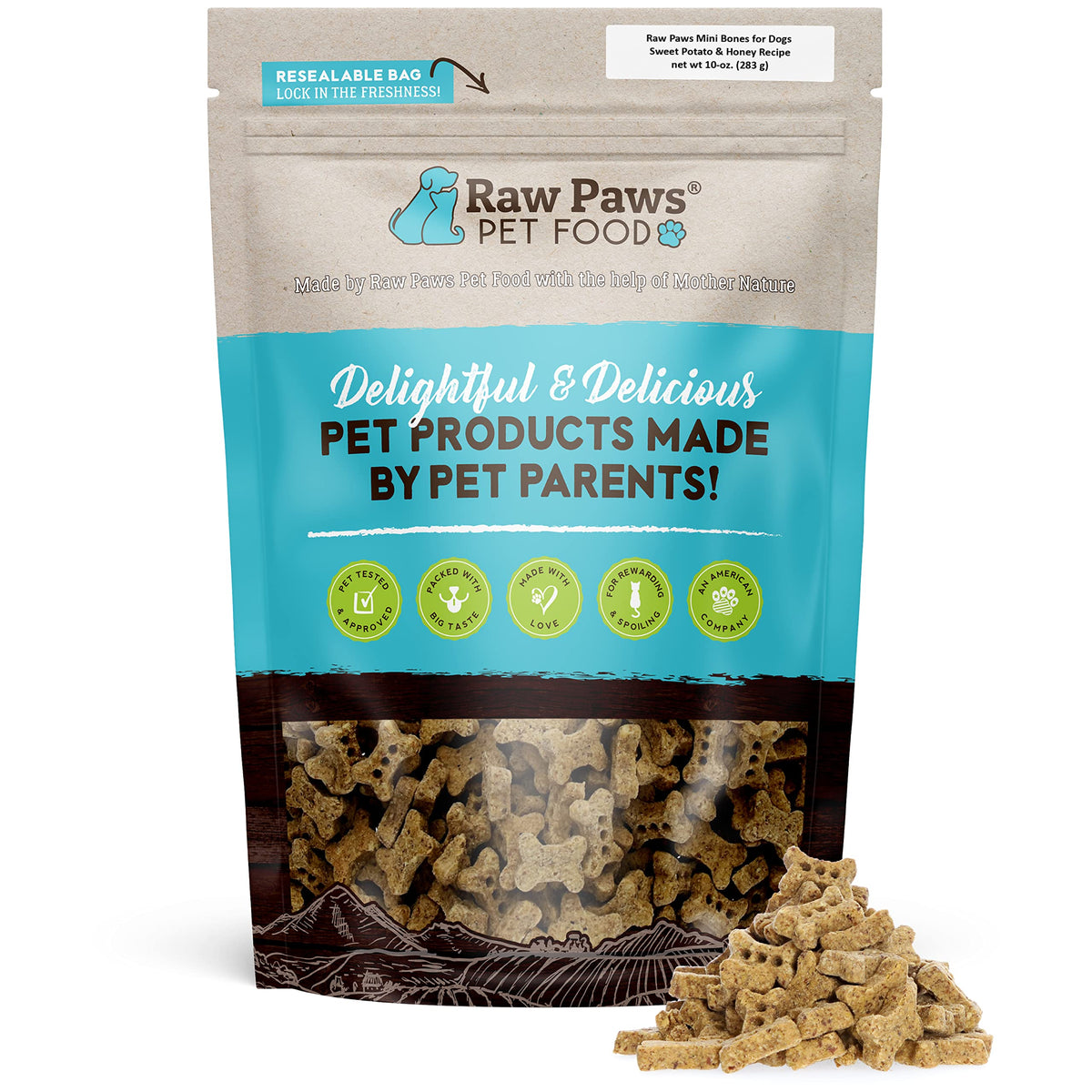 Raw Paws Mini Bones sweet potato honey bag closeup—low-calorie training rewards.