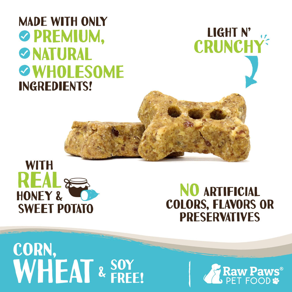Raw Paws Mini Bones sweet potato honey treats closeup—bite-sized puppy training snacks.