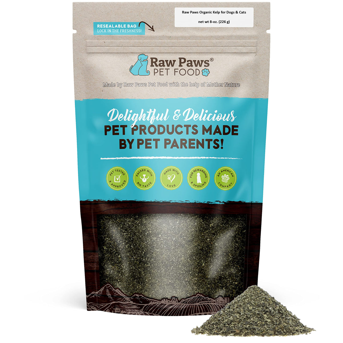 Raw Paws Organic Kelp Powder bottle 8oz on shelf, showcasing an immune-supporting pet supplement.