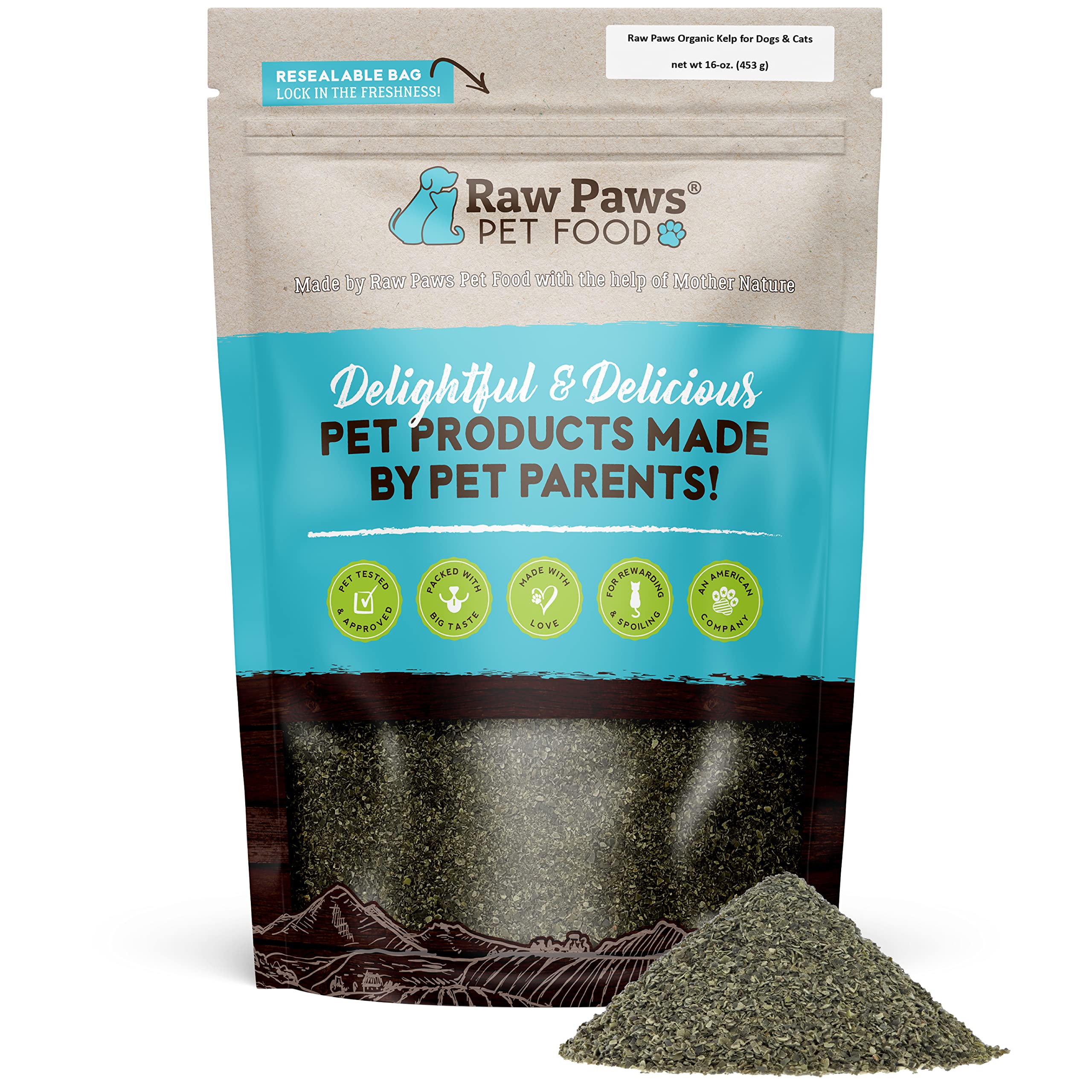 Raw Paws Organic Kelp Powder bottle highlights immune-supporting minerals for pets.