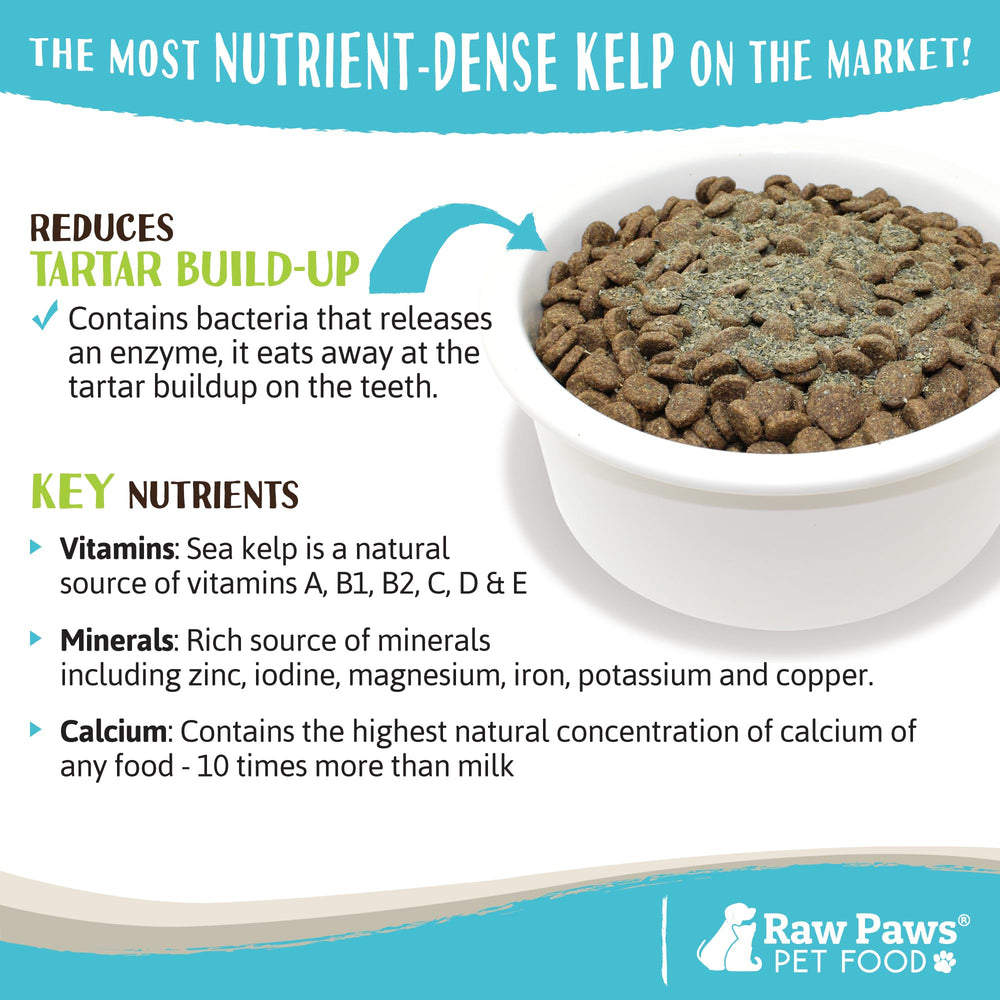 Raw Paws sea kelp ingredients panel emphasizes organic sourcing and clean pet nutrition.