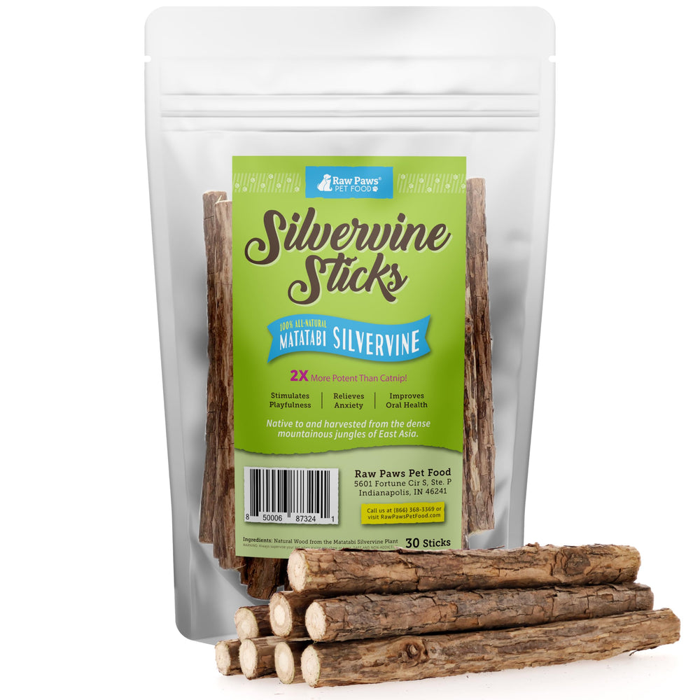 Raw Paws silvervine sticks pack closeup showing fresh, natural cat treats for stress relief.