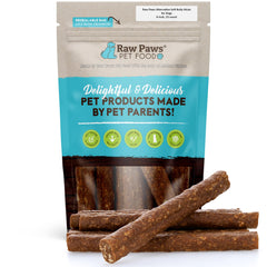 Raw Paws soft bully sticks 6inch packaging highlights USA-made, convenient treats for busy households.