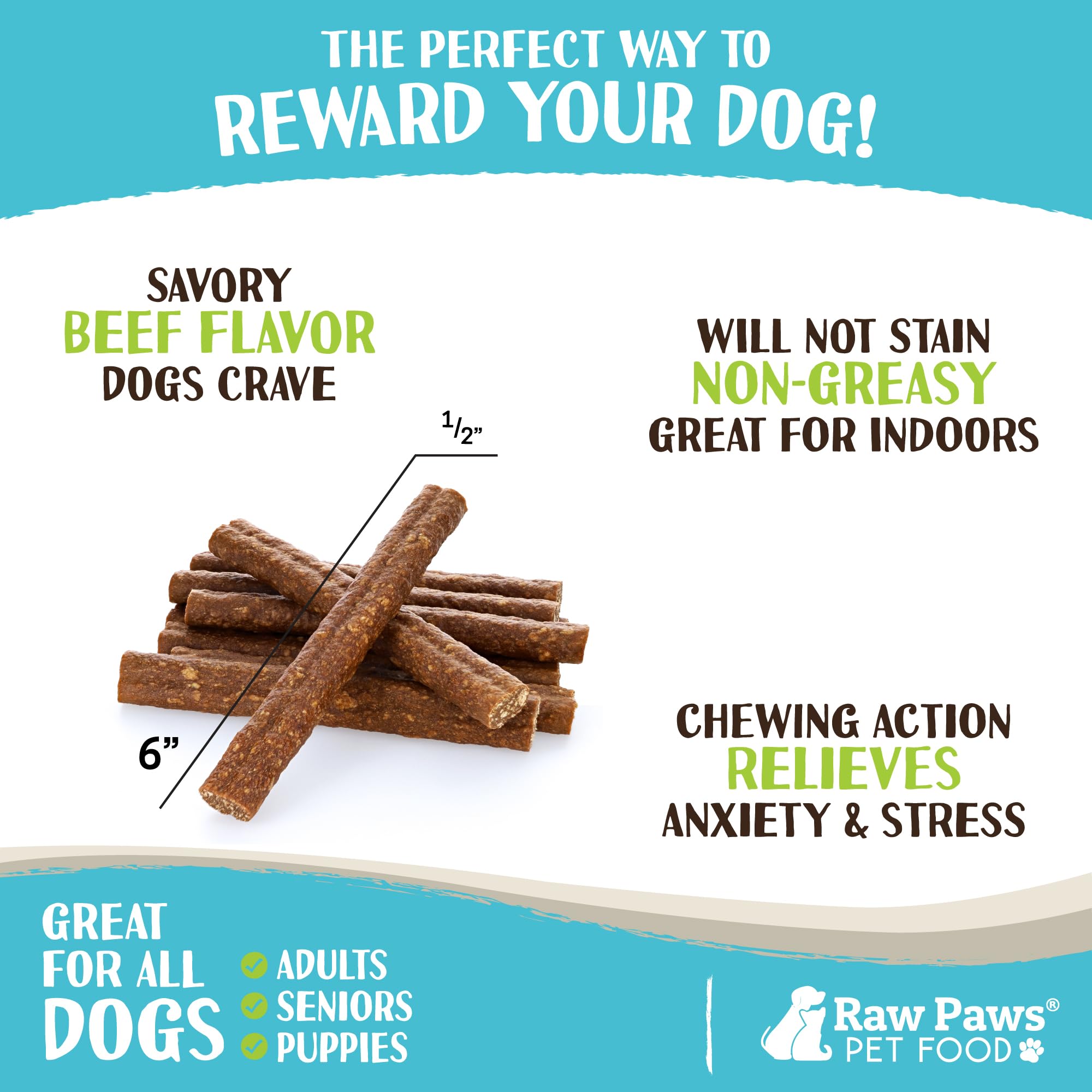 Raw Paws soft bully sticks 6inch rawhide-free chew reduces splinter risk during chewing.