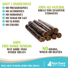 Raw Paws venison jerky slices close-up showing chewy texture for training rewards.