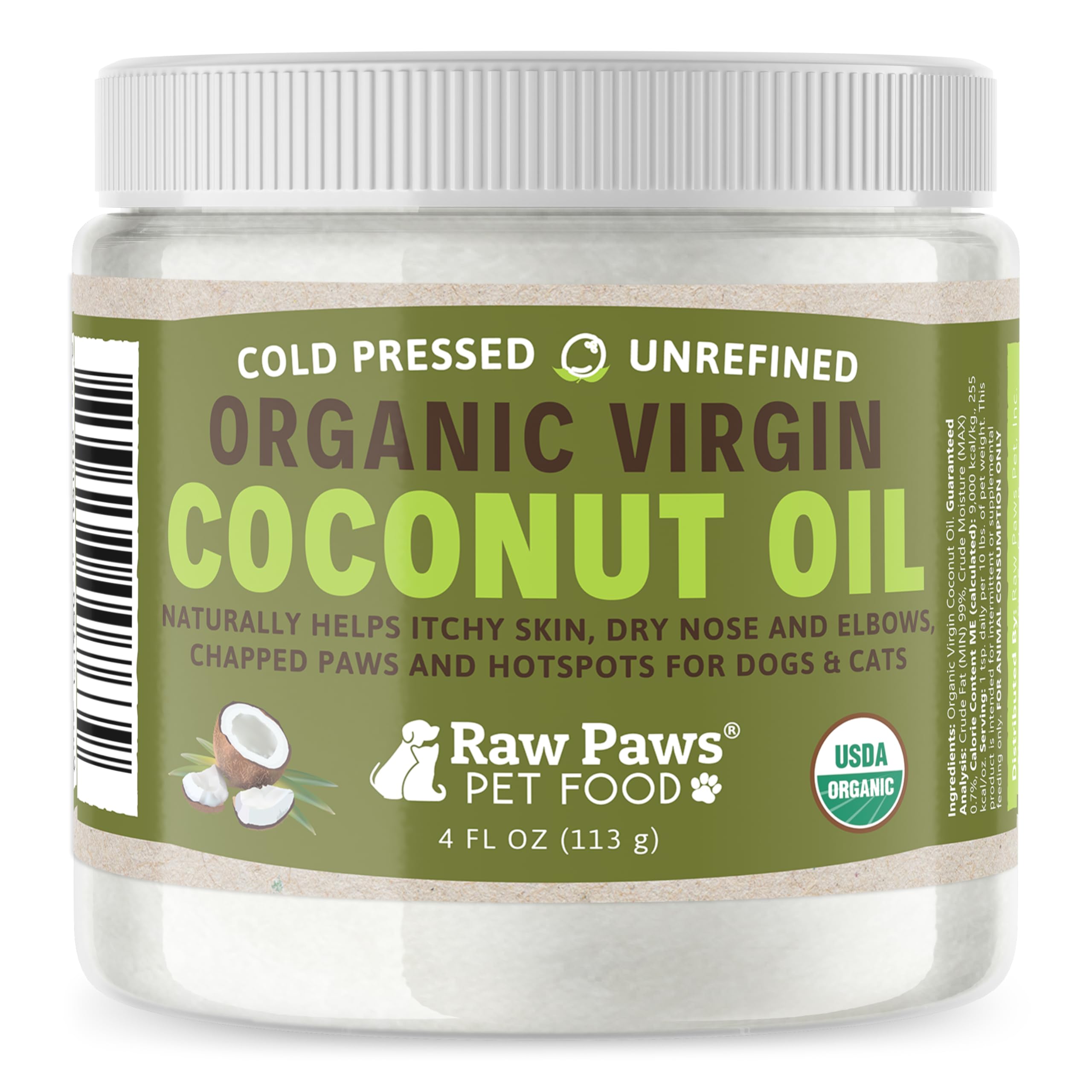 Raw Paws virgin organic coconut oil bottle for easy pet skin hydration and coat care.
