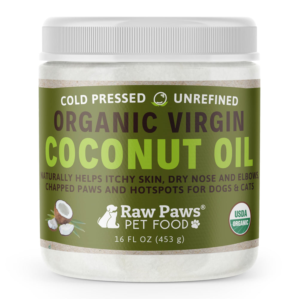 Raw Paws Virgin Organic Coconut Oil bottle close-up showing skin hydration for pets.