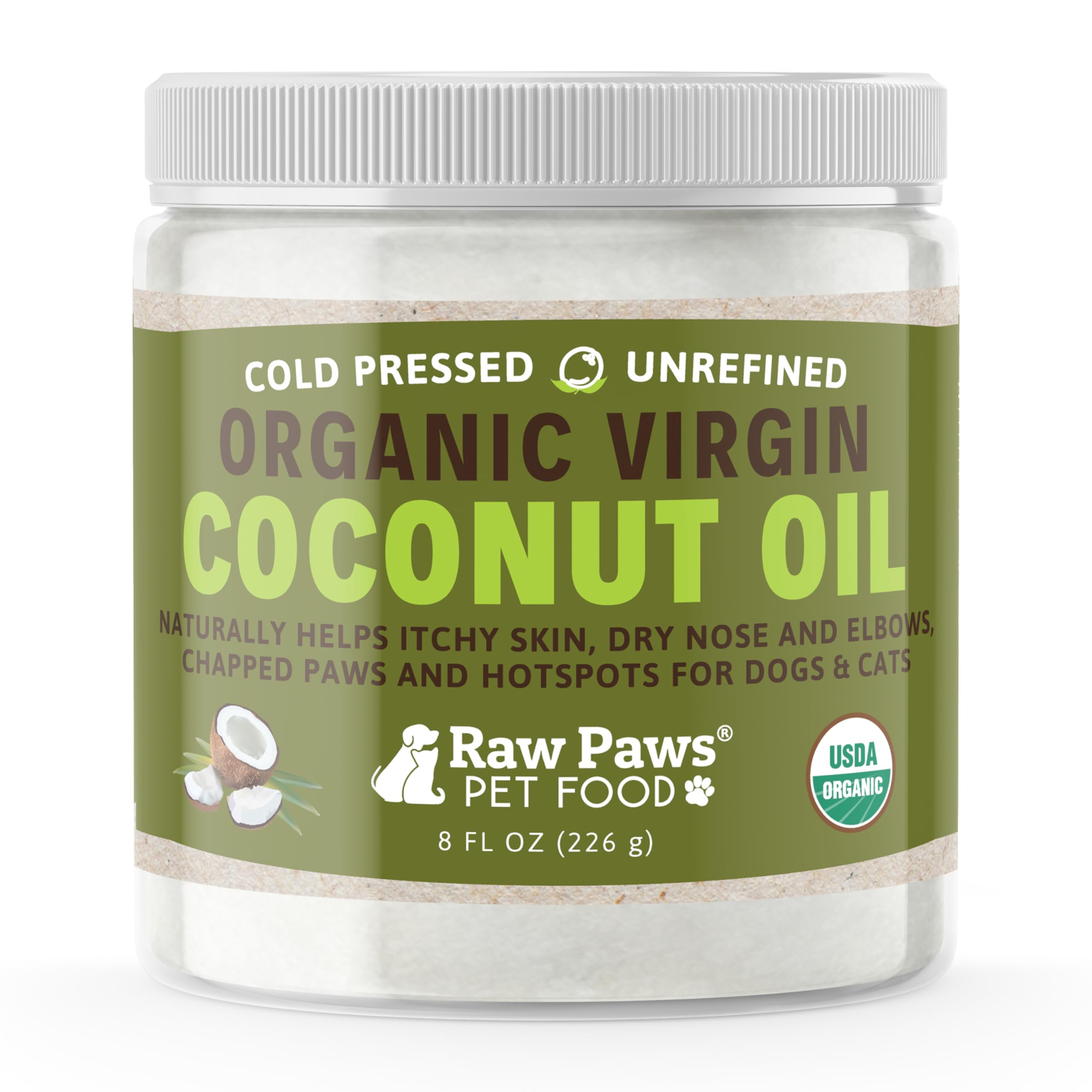 Raw Paws Virgin Organic Coconut Oil bottle for dogs and cats, showcasing natural care