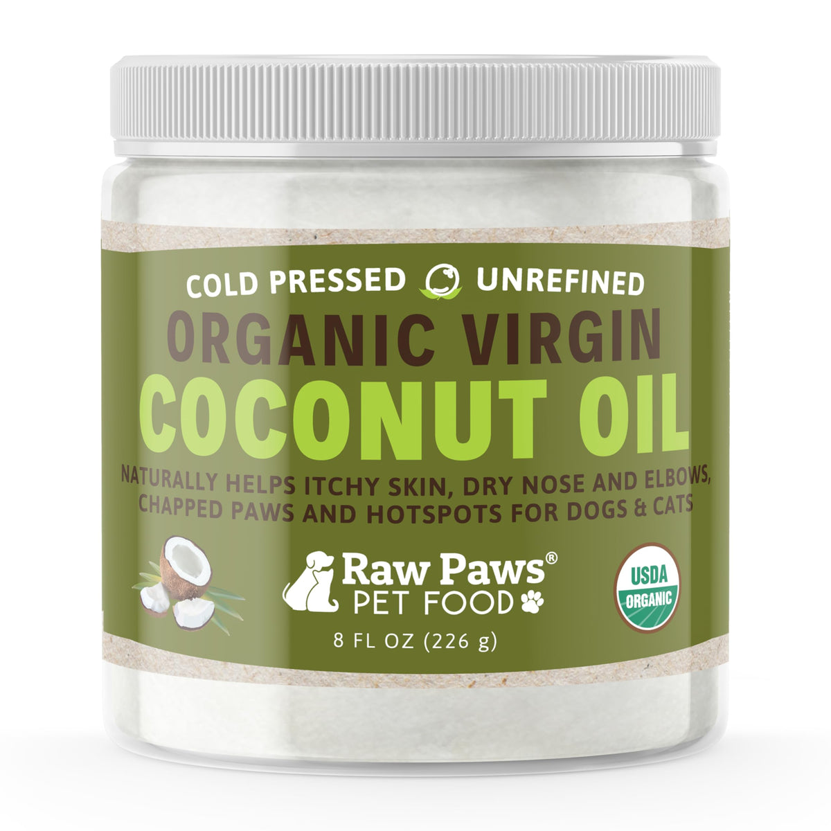 Raw Paws Virgin Organic Coconut Oil bottle for dogs and cats, showcasing natural care