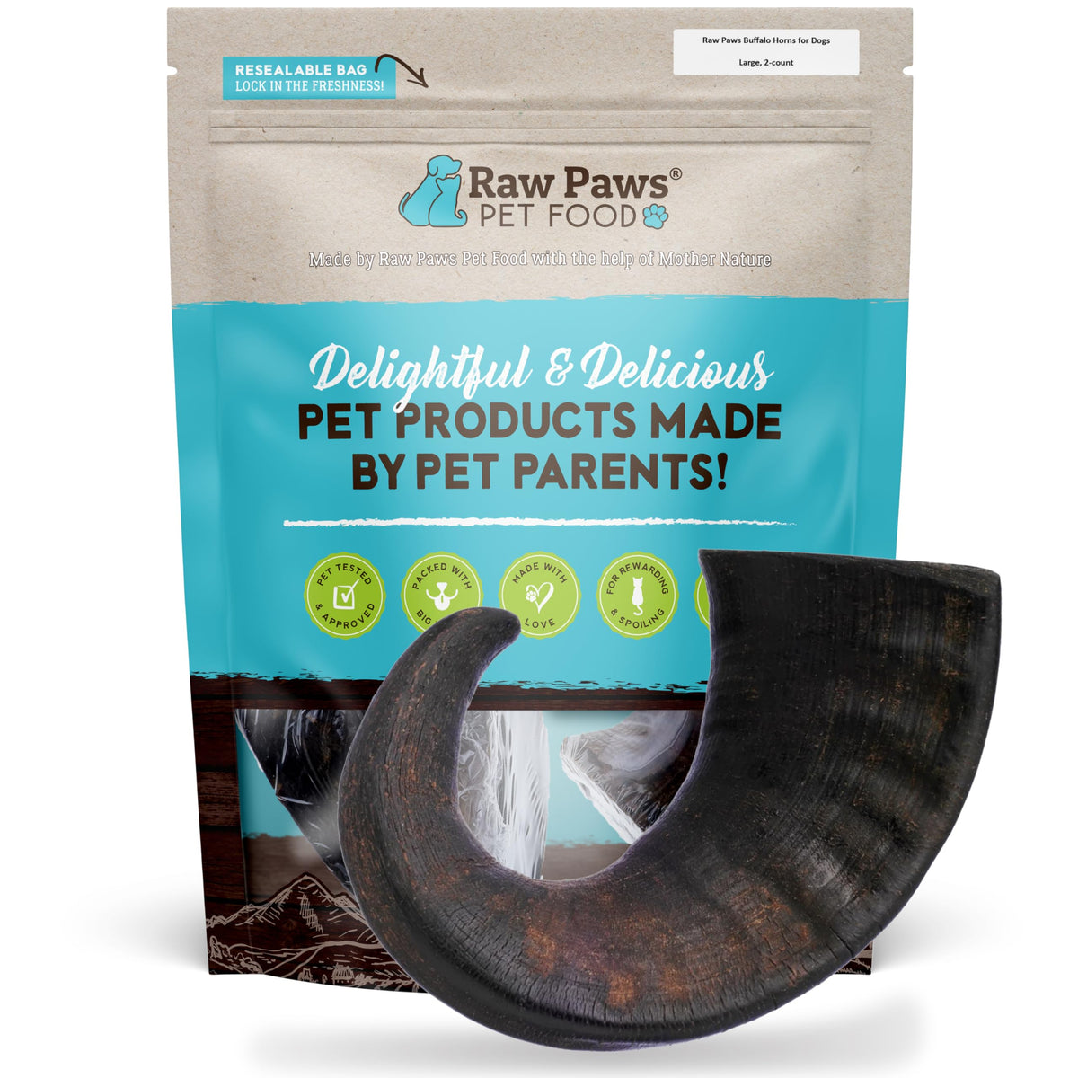 Raw Paws Water Buffalo Horns Large 2-Count Packaged, durable chew for dental health and energy outlet.