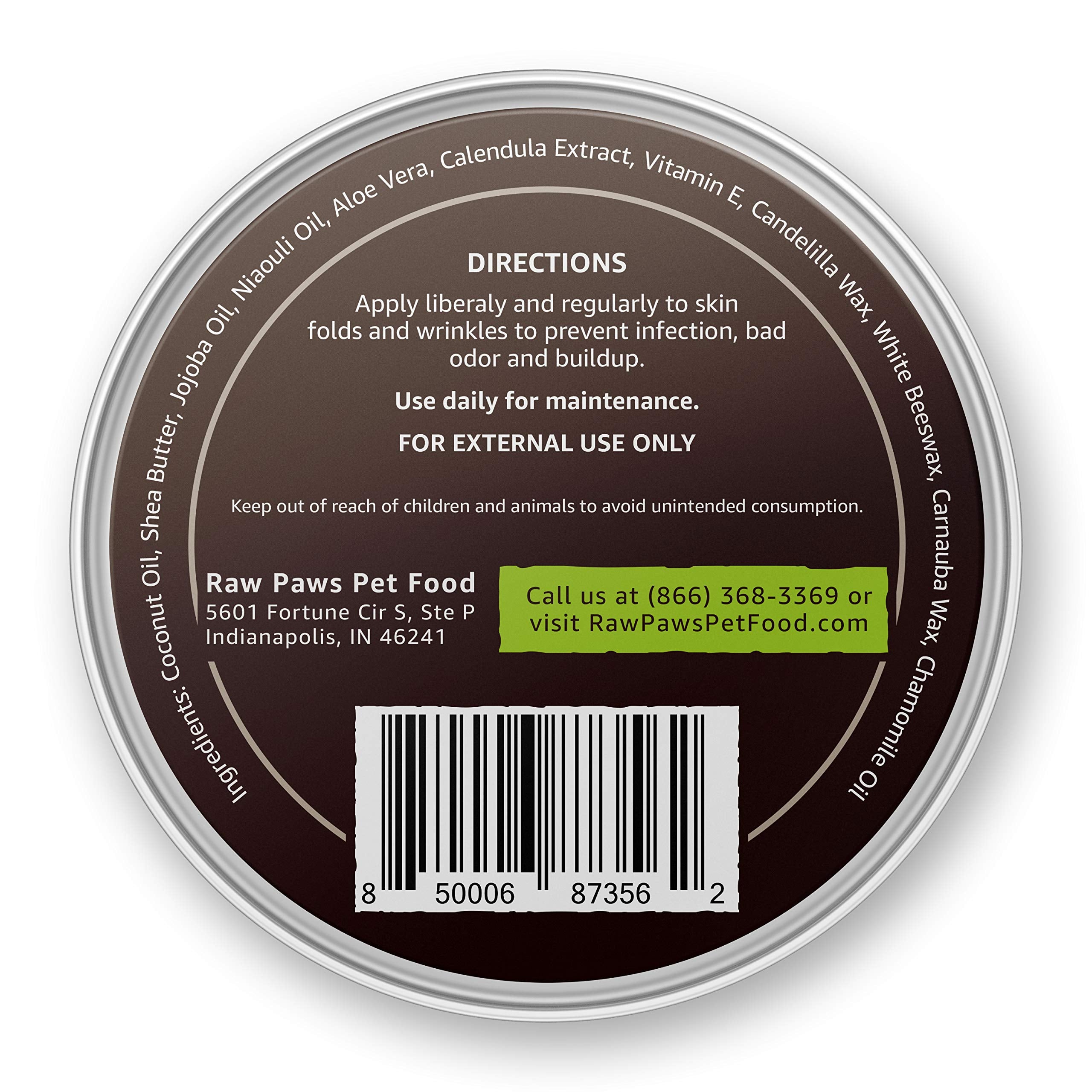 Raw Paws wrinkle and skin balm into dog folds shows targeted care for skin folds.