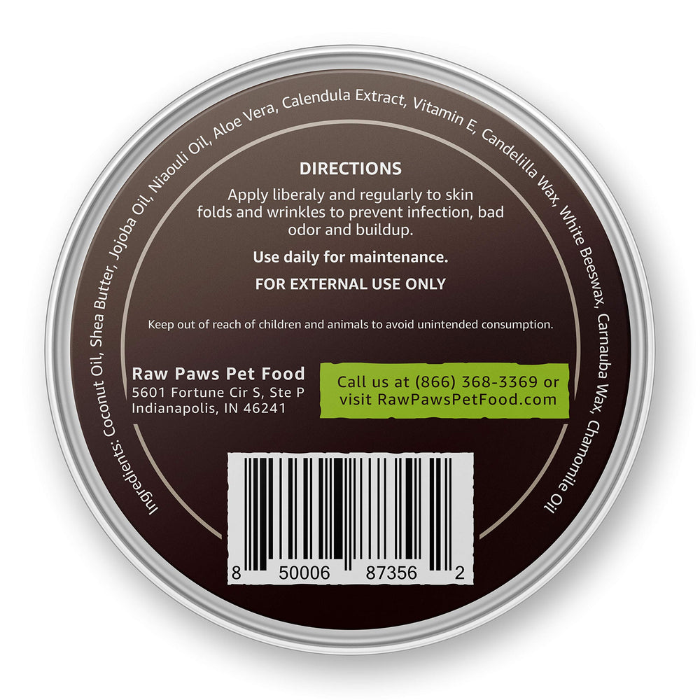Raw Paws wrinkle and skin balm into dog folds shows targeted care for skin folds.