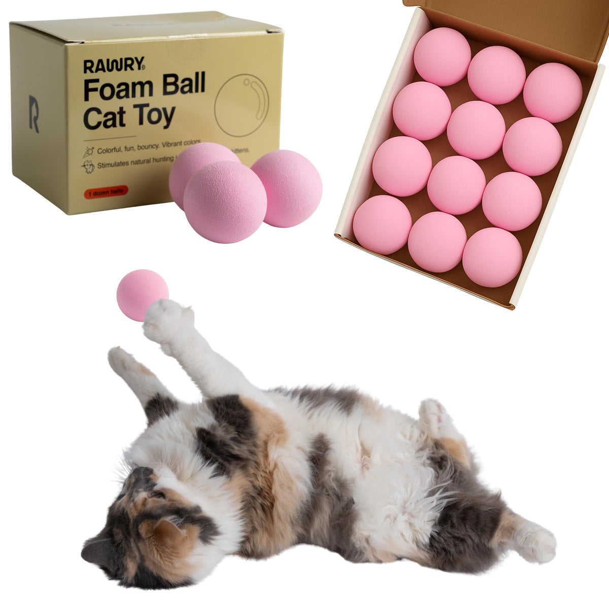 Rawry foam-ball cat toy set unboxed with 12 colorful balls for indoor play