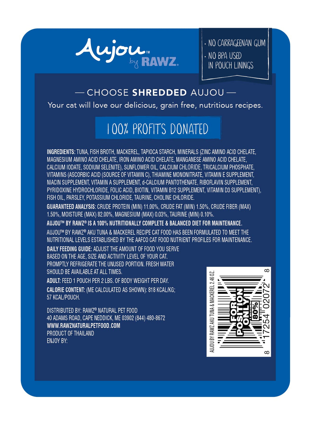 Rawz Aujou Aku tuna pouch close-up showing chunky tuna pieces for palatable meals.