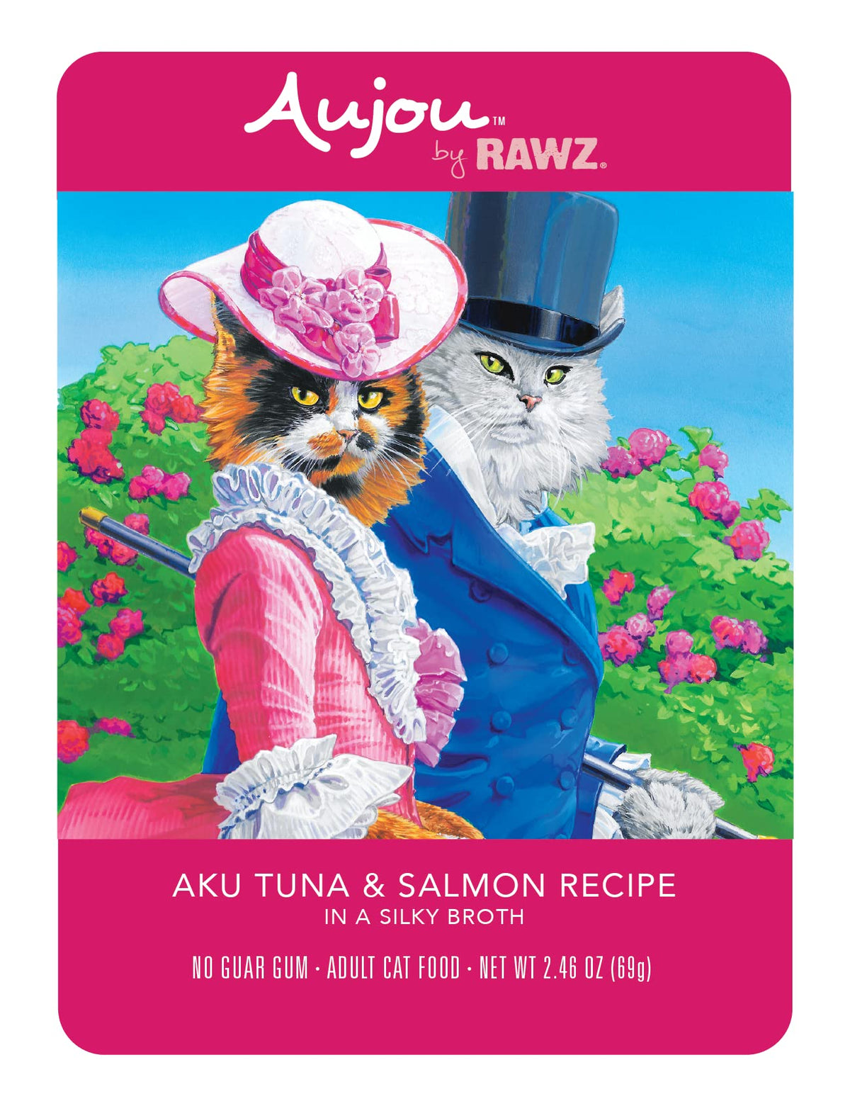 Rawz Aujou Aku tuna and salmon pouch hero view highlighting no gums for clean feeding