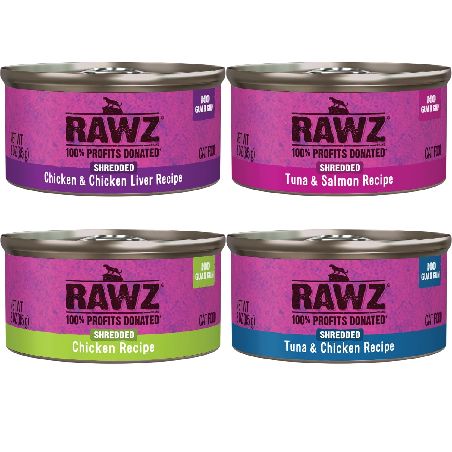 Rawz tuna-chicken cat wet food can-open showing shredded meat texture.