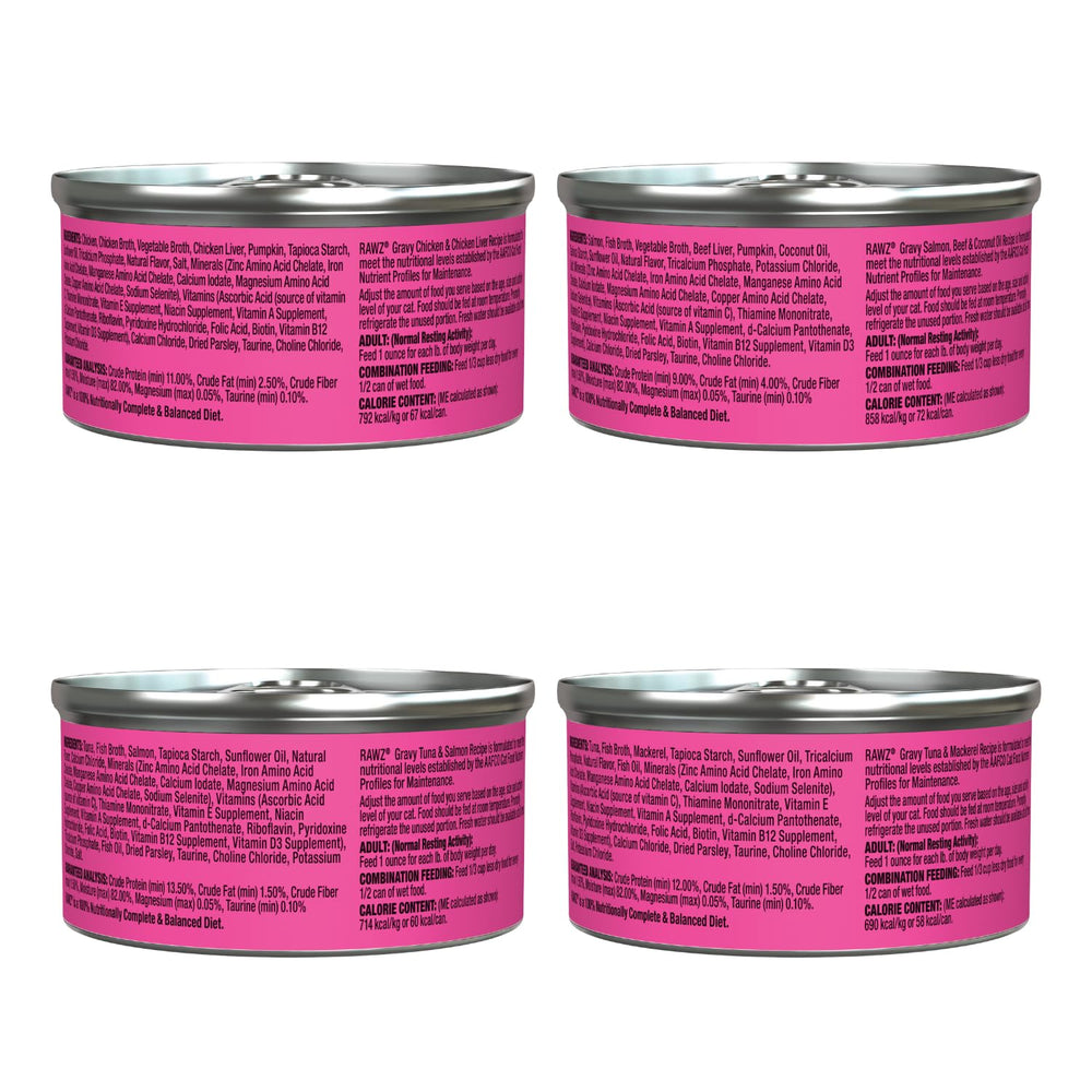 Rawz gravy cat food closeup highlights savory gravy for palatable meals.