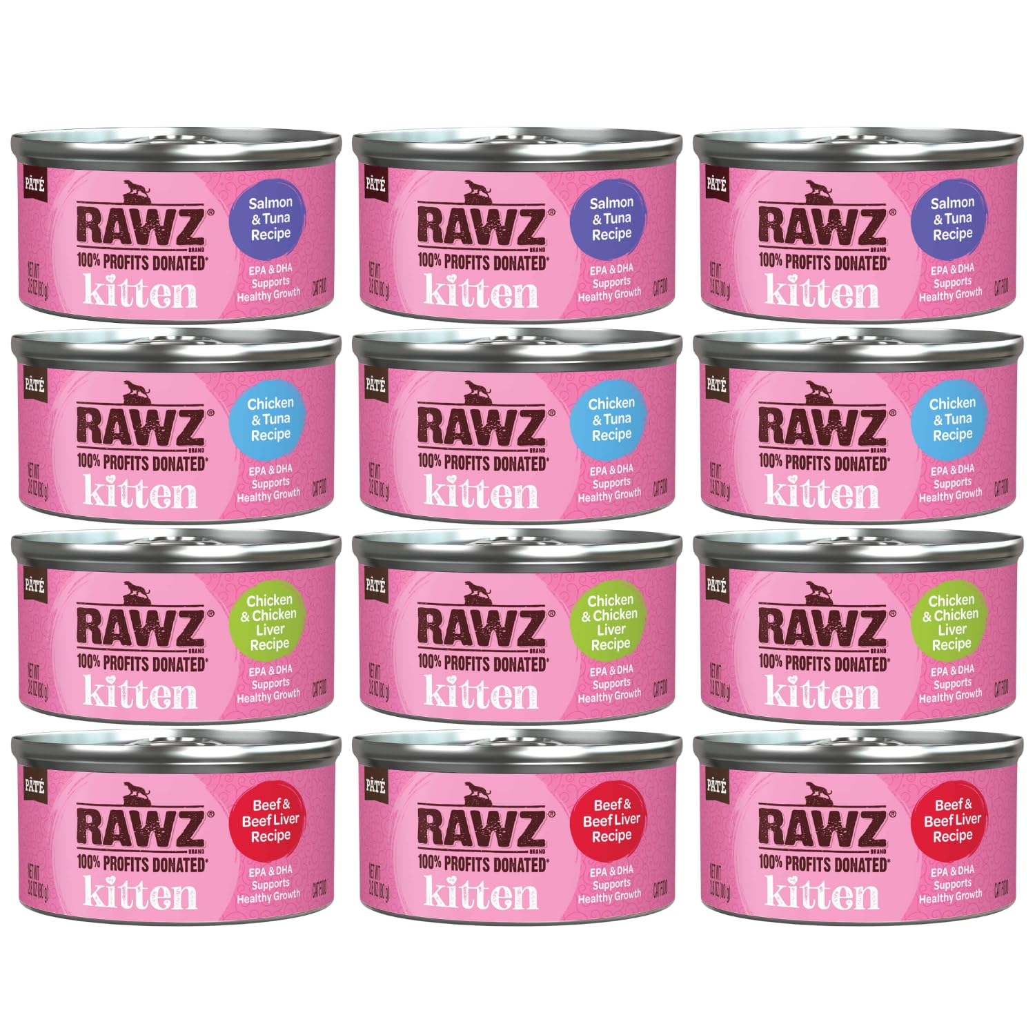 Rawz kitten pate salmon can close-up showing real meat and moisture for hydration