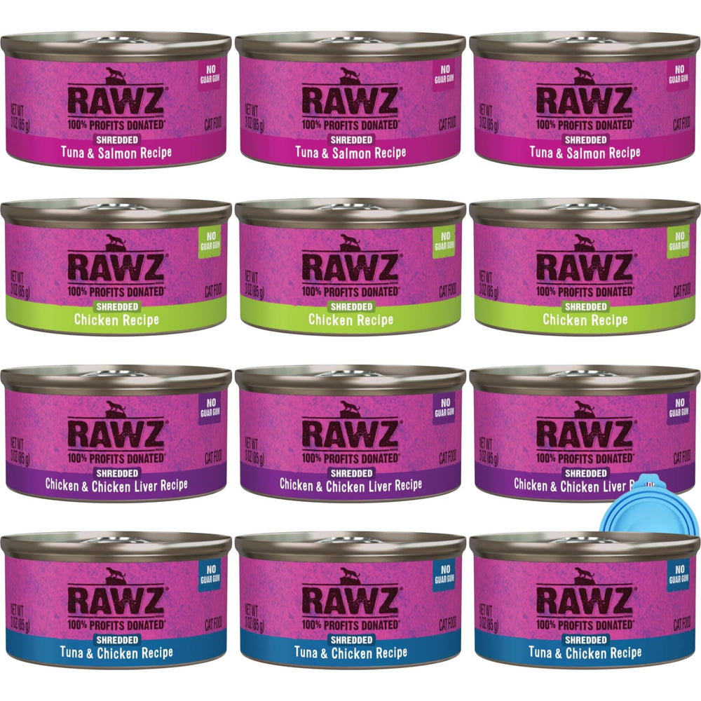 Rawz cat wet food can tuna-salmon lid close-up highlighting protein-rich dinner option.