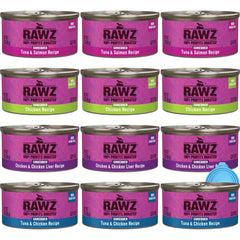 Rawz cat wet food can tuna-salmon lid close-up highlighting protein-rich dinner option.