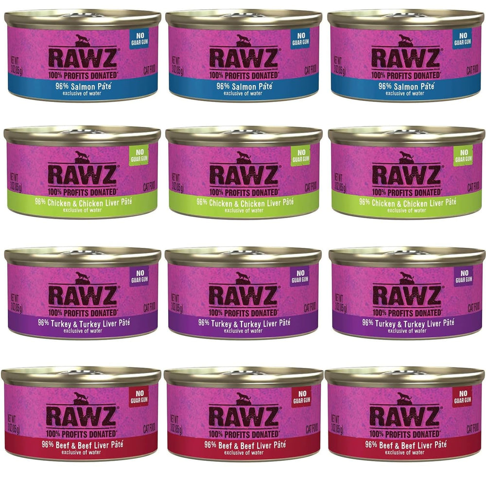 Rawz natural premium pate 12-pack front view highlights variety for cats