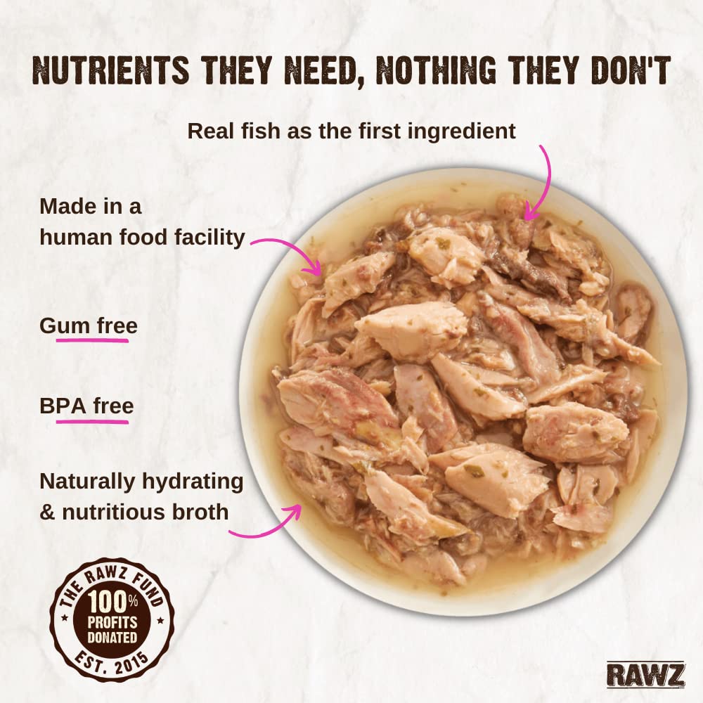 Rawz natural premium shredded cat food cans stacked demonstrates convenient 24-count packaging.