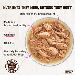 Rawz natural premium shredded cat food cans stacked demonstrates convenient 24-count packaging.