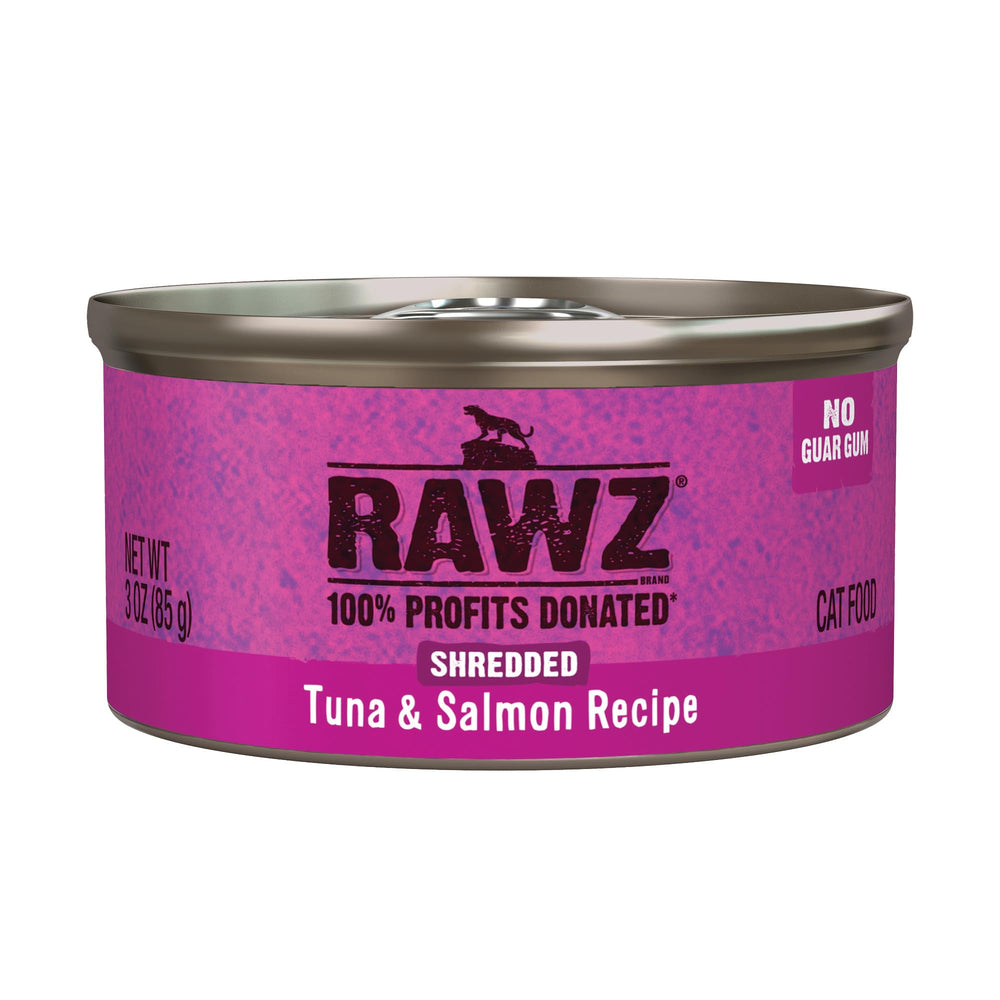 Rawz natural premium shredded cat wet food tuna-salmon can shows grain-free protein for cats.