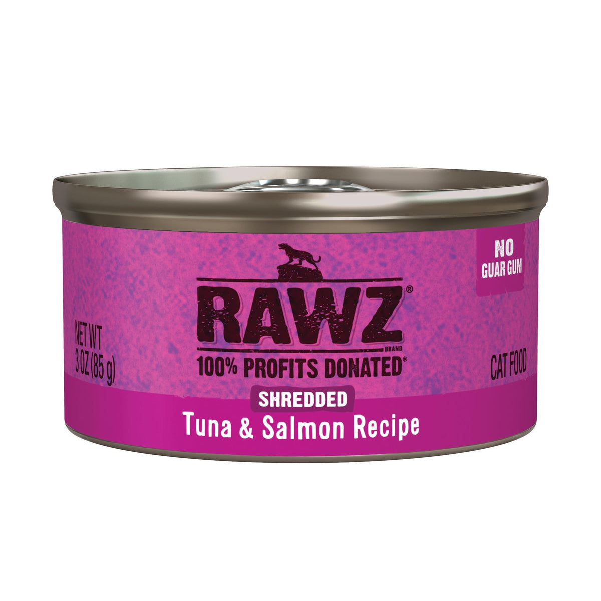 Rawz natural premium shredded cat wet food tuna-salmon can shows grain-free protein for cats.