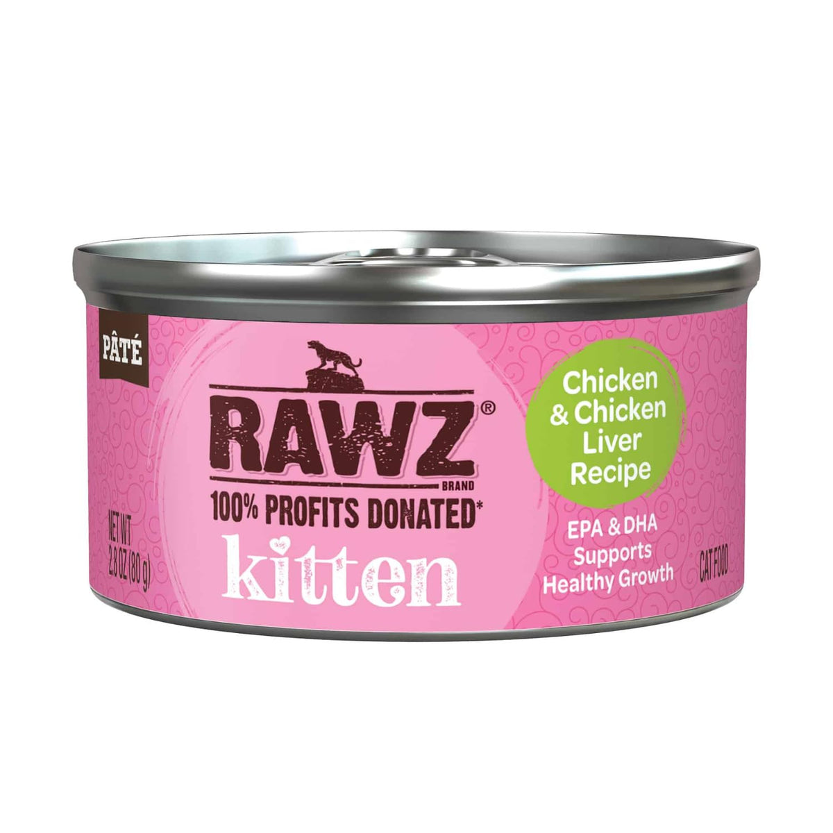 RAWZ kitten pate with real chicken as first ingredient for nutrition.