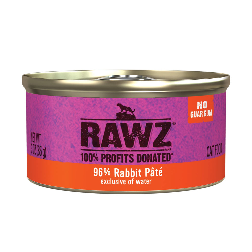 RAWZ Pate Rabbit Cans close-up highlighting premium real meat for cats' meals.