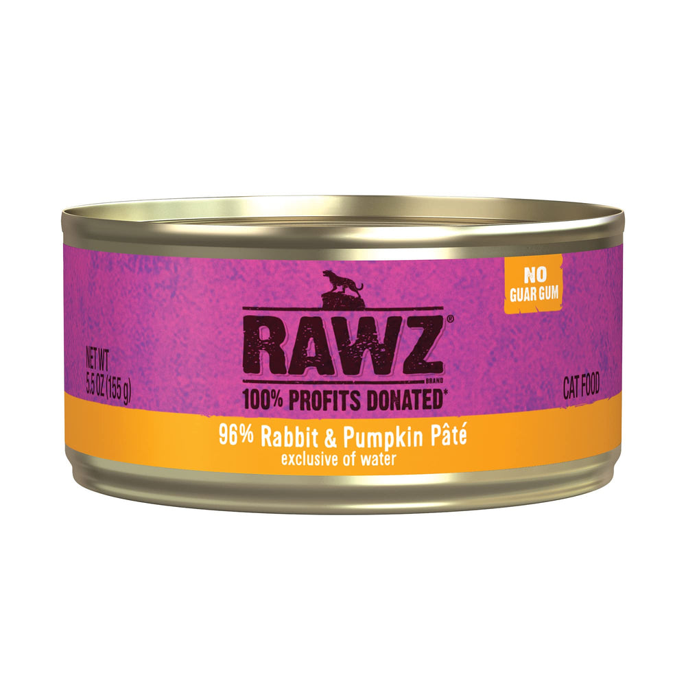Rawz Rabbit & Pumpkin pate can close-up highlighting high-moisture hydration for cats.