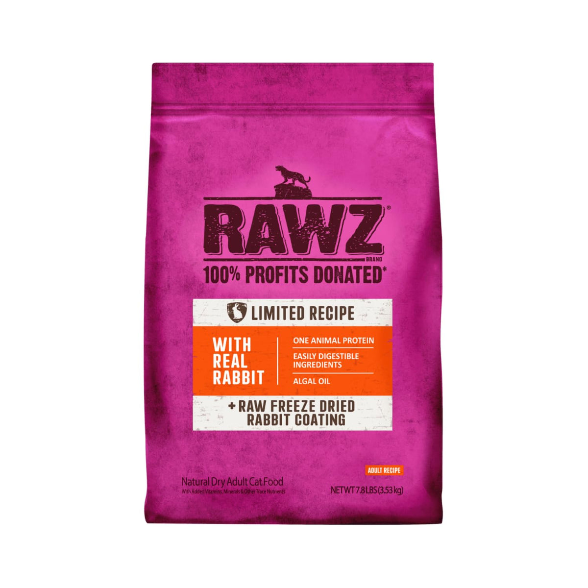 Rawz Real Rabbit Dry Food bag front highlights minimally processed rabbit nutrition for cats.