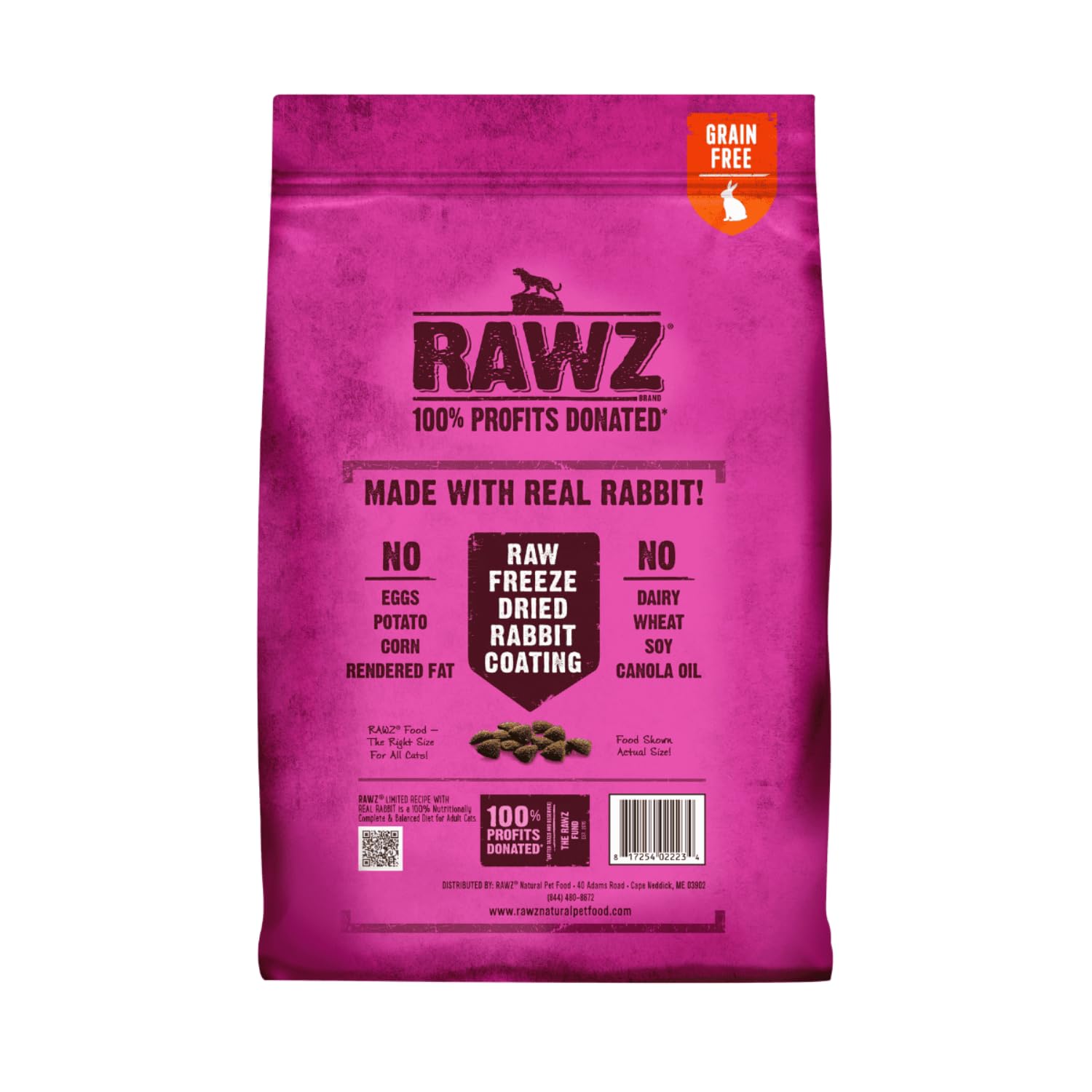 Rawz Real Rabbit Dry Food coating closeup showcases freeze-dried rabbit coating for flavor and texture.