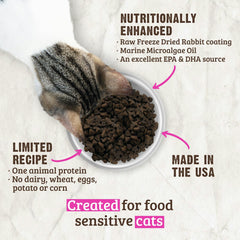 Rawz Real Rabbit ingredient panel reveals single-protein formula and absence of common allergens.