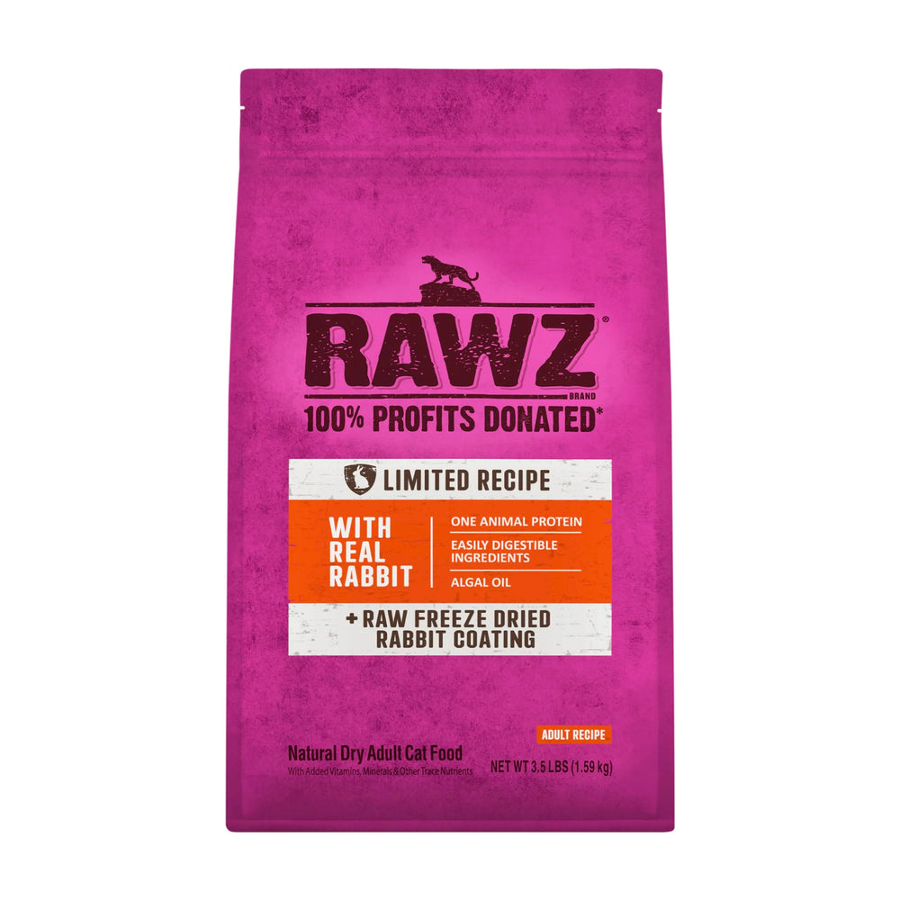 Rawz Real Rabbit dry food packaging highlighting USA-made quality for cats