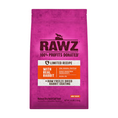 Rawz Real Rabbit dry food packaging highlighting USA-made quality for cats